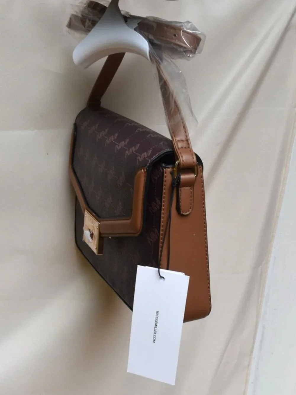 Nicole Miller Signature Logo Print Shoulder Crossbody Bag Brown Mix NWT